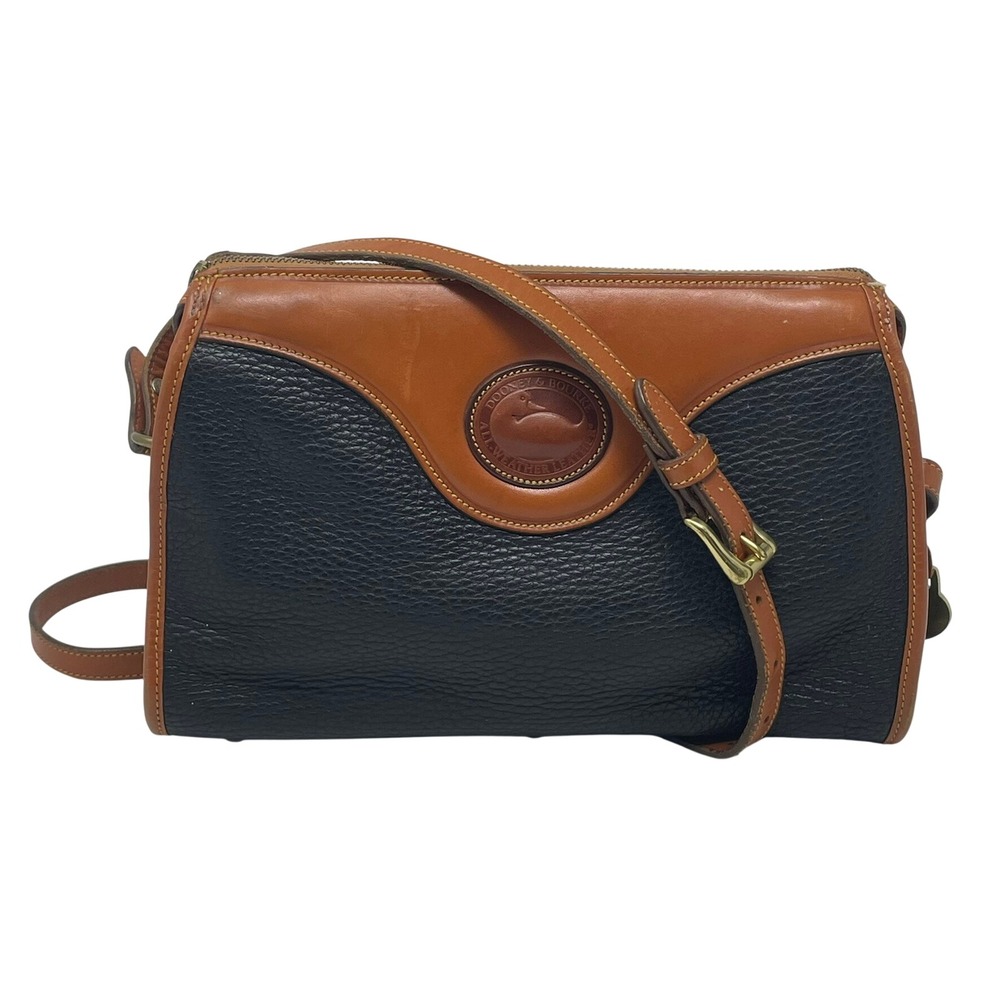 Vintage Dooney & Bourke Crossbody Bag Navy Blue British Tan Leather AWL 1990s